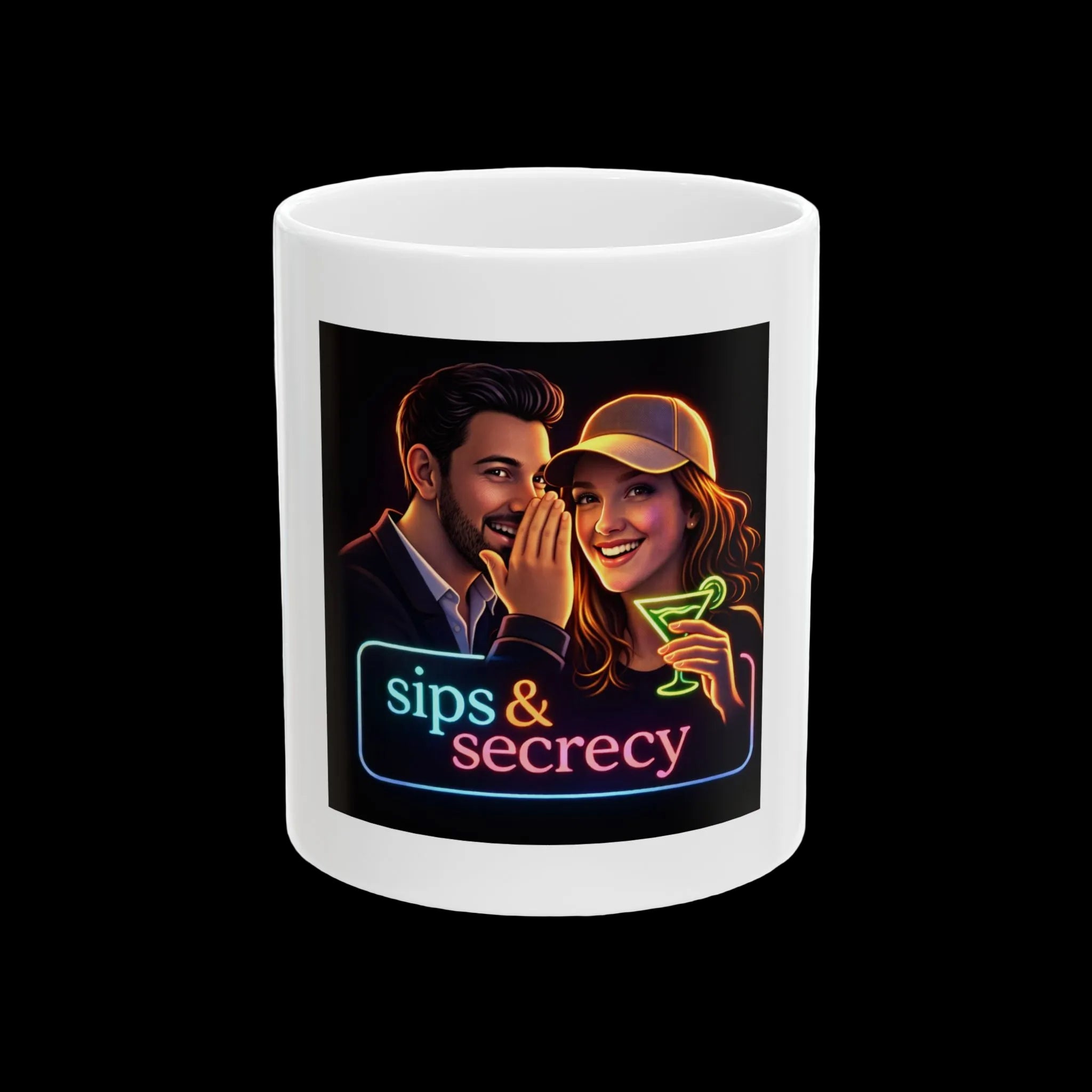 Sips & Secrecy Ceramic Mug — Neon Couple Cocktail Coffee Cup (11oz & 15oz)